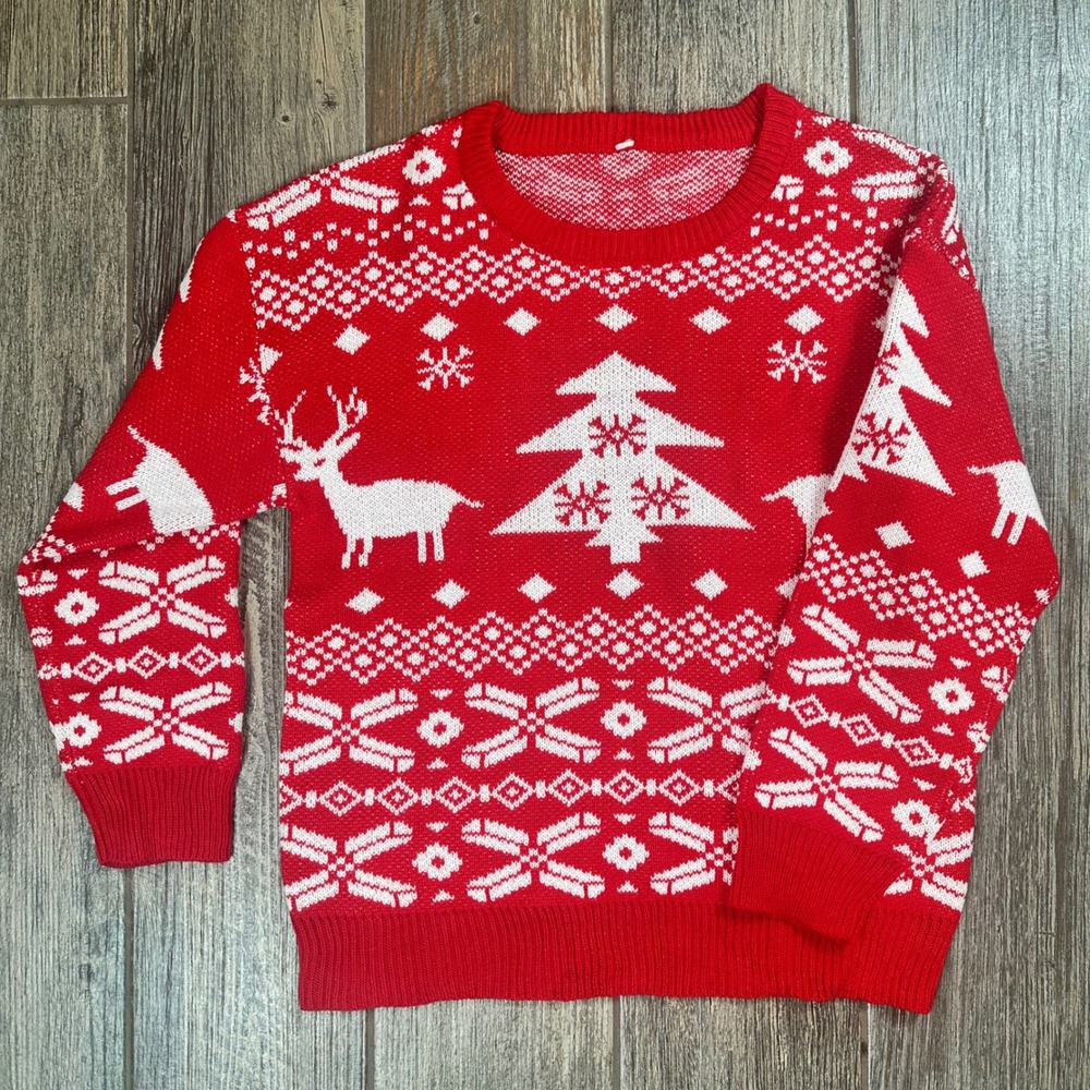 Mens Red White‎ Reindeer Christmas Tree Fair Isle Knit Sweater Long Sleeve
